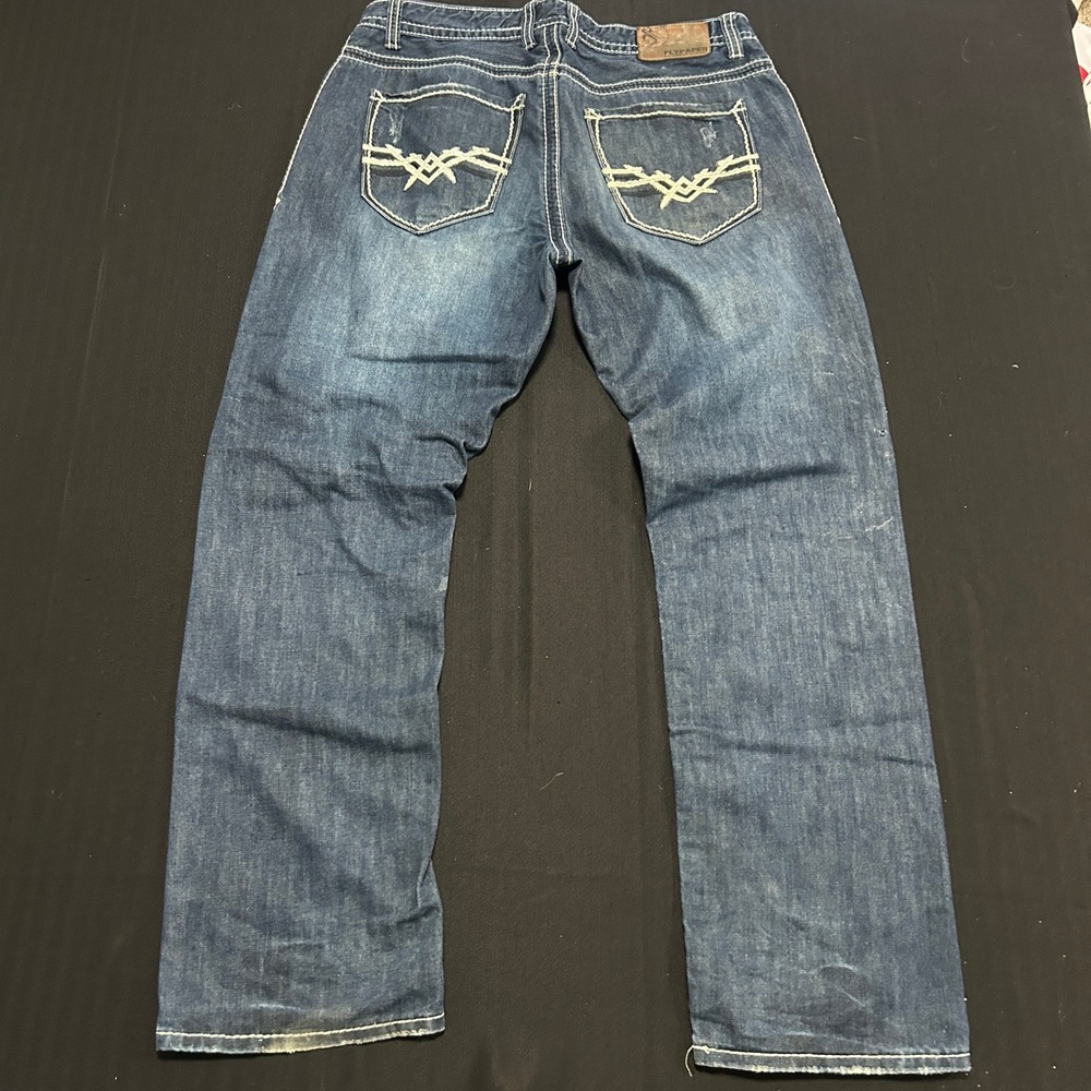 Flypaper Mens Y2K Straight Leg Denim Jeans Blue Contrast Stitch 30x32